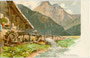 Wassermühle mit unterschlächtigem Mühlrad am Ziller in Mayrhofen, Bezirk Schwaz, Tirol. Chromolithographie 9 x 14 cm nach einem Original von P. Schmohl; Druck und Verlag M. Seeger, Stuttgart um 1900.  Inv.-Nr. vu914clg00044