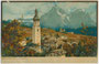 Kastelruth, Gbz. Kastelruth, Bzk. Bozen, Gefürst. Grafsch. Tirol mit Pfarrkirche Hll. Peter und Paul gegen den Schlern. Chromolithographie 9 x 14 cm; M. Zeno Diemer pinx./Kunstanstalt Othmar Zieher, München 1900 ff.  Inv.-Nr. vu914clg00024