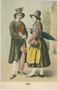 Paar aus Söll am Wilden Kaiser, Bzk. Kufstein, Tirol in regionaltypischer Sonn- und Feiertagskleidung von um 1800 aus der Serie „Tiroler Volkstrachten Nr. XVII“. Farblichtdruck 9 x 14 cm; Verlag Ernst Schmid, Innsbruck um 1905.  Inv.-Nr. vu914fld00055