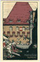Das von Herzog Leopold IV. 1406 der Stadt Hall geschenkte "Königshaus", seither Rathaus am Oberen Stadtplatz 1-2. Chromolithographie (Künstlersignatur: R. W.) 9 x 14 cm; Impressum: Verlag Gottfried Moser, Hall i.T. um 1925. Inv.-Nr. vu914clg00023