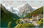 Hotel NEUE POST in Trafoi, Gemeinde Stilfs im Vinschgau, Südtirol mit Ortler-Hauptkamm in den Ortler-Alpen. Photochrumdruck 9 x 14 cm (Bergnamenkarte); Impressum: Photoglob Zürich um 1910.  Inv.-Nr. vu914pcd00241