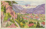 Marktgemeinde Gries (1926 nach Bozen eingemeindet worden), ehem. Bzk. Bozen, Gef. Grafsch. Tirol gegen Rosengarten der Dolomiten von der Erzherzog Heinrich-Promenade aus. Farbautotypie 9 x 14 cm; Josef Marschall (1887-1917) pinx..  Inv.-Nr. vu914fat00164