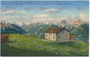 Ehem. Kaiser-Franz-Joseph-Schutzhütte (erbaut 1887) am Patscherkofel in den Tuxer Alpen gegen die Stubaier Alpen (heute Patscherkofelhaus des ÖAV). Photochromdruck 9 x 14 cm; Impressum: Wilhelm Stempfle, Innsbruck um 1913.  Inv.-Nr. vu914pcd00329