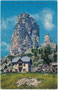 Albergo Cinque Torri unterhalb des Torre Grande d’Averau in den Ampezzaner Dolomiten, ehem. Gde. und Bzk. Ampezzo (heute Cortina d'Ampezzo, Prov. Belluno). Photochromdruck 9 x 14 cm; Impressum: Joh. F. Amonn, Bozen 1911.  Inv.-Nr. vu914pcd00352