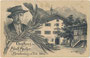 "Gasthaus des Adolf Ascher Brandenberg in Tirol. 820 m" und Glasveranda flankiert von einem mit Zirbenzweig eingerahmten Wirtsportrait. Lichtdruck 9 x 14 cm; Lichtdruck nach Federzeichnung von Erich Herrmann, Kramsach um 1910.  Inv.-Nr. vu914ld00319