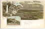 Vierteilige Mehrbildkarte von Wörgl, Bezirk Kufstein, Tirol: Panorama von Süden, Lechner-Wasserfall, Hauptplatz und Bad Eisenstein. Chromolithographie 9 x 14 cm; Verlag Alex(ander). J. Klein, Wien um 1895.  Inv.-Nr. vu914clg00022