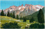 Plätzwiesen, Gemeinde Prags gegen Cristallogruppe der Dolomiten. Photochromdruck 9 x 14 cm (Bergnamenkarte); Impressum: Joh(ann). F(ilibert). Amonn, Bozen 1910.  Inv.-Nr. vu914pcd00252 