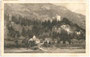 Kirche St. Anna, St.-Anna-Steg über den Kanal der Vils und Burgruine Vilsegg, Stadtgemeinde Vils, Bezirk Reutte.  Rastertiefdruck 9 x 14 cm; Impressum: August Zerle, Viktoriastr. 1, München; postalisch befördert 1918.   Inv.-Nr. vu914rtd00020