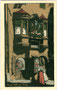 Szenerie beim Haus Langer Graben Nr. 2 in Hall in Tirol. Chromolithographie 9 x 14 cm nach einem Original eines anonymen Künstlers, Verlag Gottfried Moser, Hall in Tirol, postalisch befördert 1927.  Inv.-Nr. vu914clg00038