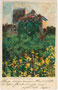 Schloss Thurnstein an den Hängen der Mutspitze in Dorf Tirol, 1849 bis 1919 Gbz. und Bzk. Meran, Gefürst. Grafsch. Tirol (heute Südtirol). Chromolithographie 9 x 14 cm; Entwurf und Eigenverlag: M(ichael). Zeno Diemer um 1900.  Inv.-Nr. vu914clg00009