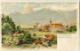 Prämonstratenser Chorherrenstift Wilten, im Vordergrund die 1944 zerbombte Stiftsmühle am Sillkanal. Chromolithographie 9 x 14 cm; Impressum: Otto Strützel (Entwurf), Hofkunstanstalt Eckstein & Stähle Stuttgart (Druck); Kunstverlag Hugo Moser, Stuttgart u