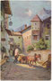 Einspänniger Einachswagen beim Ansitz Krausegg (heute Rathaus) in Kastelruth, Gbz. Kastelruth, Bzk. Bozen, Gefürst. Grafsch. Tirol (heute Südtirol). Farbautotypie 9 x 14 cm, Entw./Vlg. Rud. A. Höger/Joh. F. Amonn, Bozen 1906.  Inv.-Nr. vu914fat00134