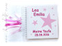 Fotoalbum zur Taufe in den Farben weiß, rosa und pink; mit Namen, Sternen und Druck Taufspruch im Inneren des Albums.