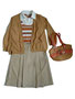 Für Rockliebhaberinnen: Blusenshirt, Strickjacke und Tasche mit einem beigen Rock mit feinen Streifen von Vero Moda.