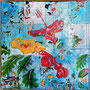 ENVOL D'HIBISCUS -30 x 30 cm- Marouflage de cartes marines sur toile -Acrylique, glacis aux encres et graphisme au pinceau à l'encre