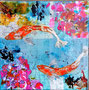 DANSE DES CARPES - 30 X 30 cm-Marouflage de cartes marines sur toile -Acrylique, glacis aux encres et graphisme au pinceau à l'encre
