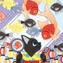 ◆ベクターイラスト（配色まで）＋素材塗り加工（質感）◆春夏秋冬四季の猫のイラスト集「夏祭り猫と金魚」