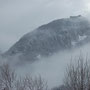 Montségur in 1200m Höhe ist im Winter unter Schnee, hier im Nebel...