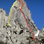 alcune vie recenti sulla torre dell'Emmele: H = Supermario - F =via della Loffa - D = Prime foglie d'autunno (S. Martini) - Fonte A. Rampini per SUMMIT POST