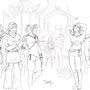 A rough sketch for the CHAOS group picture. Left to right: Kaido, Raphael, Seroth, Yumi (woman in the background), Hiro and Cole