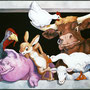 Décor façade Boucherie Charcuterie Baudoin - Gérardmer (88) - Acrylique sur panneau 4 m x 3 m - 2001<br><br>fresque . trompe l'oeil . peinture animalière . boeuf . cochon . lapin . oie . dindon . mouton . poulet