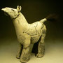 FIONA TUNNICLIFFE - SMALL HORSE WITH HORSEHAIR TAIL, WHITE STONEWARE CLAY WITH BLACK WASH & CREST PATTERN -  28cmH x 10cmW x 23cmD + TAIL - 1.2kg - NZD$130 - #FT85   