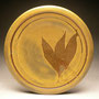 GRAEME STORM, NZ - VINTAGE STONEWARE PLATE, MUSTARD & OLIVE GLAZE OVER BROWN GLAZE WITH WAX RESIST LEAF & BANDING - 2.5cmH x 23cmD, 0.6kg - NZ$85 - #GS10