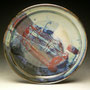 ROB POWLEY - LARGE LOW FLAT BOWL, STONEWARE, MULTI-GLAZE WITH RED ACCENTS - 5cmH x 35cmD, 1.8kg - #RP167 .....SOLD