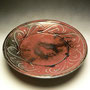 SAM COOPER, NZ - LARGE OPEN BOWL, STONEWARE, SLIP TRAILED SLIP, RAKU FIRED, COPPER GLAZE WITH BLACK AREAS, SMALL DRYING CRACKS DURING RAKU FIRING - 8.5cmH x 35cmD, 2.5kg - NZ$125 - #SC8R.....SOLD