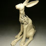 FIONA TUNNICLIFFE - LARGE RABBIT, WHITE STONEWARE WITH ALICE IN WONDERLAND VISUALS PRINTED ON NECK & BACK, CLEAR GLAZE - 41cmH x 33cmW x 20mD, 2kg - NZ$340 - #FT58.....SOLD