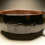 WARREN MACKENZIE - LARGE SIX SIDED BOWL, STONEWARE, TENMOKU GLAZE, 2 REPAIRED DRYING CRACKS 4cm & 14cm, STAMPED, PITTED GLAZE INSIDE OF FOOT RING - 14cmH x 35cmD, 4.5kg - #WM8R