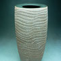 PETER SHEARER - CYLINDER, TIDAL PATTERN, STAINED CRAWLING SLIP, BLACK GLAZED RIM & BASE - 28cmH x 13cmD, 1.2kg - #PS219.....SOLD
