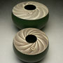 PETER SHEARER - FLATTENED ORB, STAINED SCORING, GREEN-BLACK GLAZE - SMALL - 11cmH x 16cmD, 0.7kg - NZ$90 - #PS199.....SOLD   / EXTRA SMALL - 8cmH x 12cmD, 0.5kg - #PS191.....SOLD