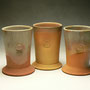 ROSS MITCHELL-ANYON - TUMBLERS, YELLOW/TAN STONEWARE WITH DARKER FLASHING, CLEAR GLAZE WITH BARE CLAY AREAS - 12cmH x 9cmD, 0.4kg  - #RMA3 ....SOLD  /   #RMA4 .....SOLD /    #RMA5 .....SOLD