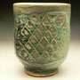 MICHAEL SIMON - YUNOMI, STONEWARE, 4 SIDED, TEXTURE PADDLED PATTERN, GREY TO GREEN GLAZE, SALT GLAZED - 10.5cmH x 8cmD, 0.2kg - #MS6