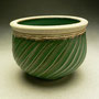 PETER SHEARER - SMALL GREEN BOWL, FLUTED WITH FLATTENED RIM WITH STAINED CRAWLING SLIP ON RIM - 8cmH x 11cmD, 0.2kg - #PS248, # PS249.....BOTH SOLD