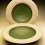 PETER SHEARER - SMALL BOWL, STONEWARE, GREENSTONE GLAZE WITH STAINED CRAWLING SLIP IN RIM - 14cmD x 3cmH - #PS 33 & 34.....BOTH SOLD