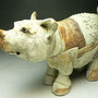 FIONA TUNNICLIFFE - PIG, TAN STONEWARE, TEXTURED PATCHWORK PATTERNS, SOME WITH SEPIA SLIP,  21cmH x 11cm W x 32cmL, 2.5kg, $249NZD, FT115