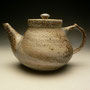 MARK HEWITT - TEA POT, STONEWARE, BRUSHED WHITE SLIP SPIRAL SALT GLAZED, MELTED GLASS ON KNOB, SPOUT & HANDLE, WOOD FIRED - 13cmH x 13cmD x 19cmW, 0.5kg - #MH3