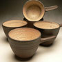PATRICIA PERRIN, NZ - 5 RACKEN SOUP MUGS WITH STRAIGHT HANDLES, RED EARTHWARE CLAY, TAN SALMON GLAZE INSIDE, CROSS HATCHING PATTERN ON BARE CLAY OUTSIDE WITH IRON WASH OUTSIDE, POTTER'S STAMP - 8cmH x 10cmD, 0.3kg  - #PP1R.....SOLD