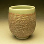 PETER SHEARER - BEAKER-YUNOMI, PORCELAIN, DIAGONAL LINES UNDER STAINED CRAWLING SLIP, PALE GREEN CELADON GLAZED RIM & INSIDE - 9cmH x 8cmD, 0.3kg - #PS200.....SOLD