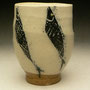 SOLD....MICHAEL SIMON - YUNOMI, STONEWARE, TAN WITH BLACK FISH PATTERN, SALT GLAZED - 10.5cmH x 8cmD, 0.2kg - #MS5