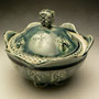 ALLISON McGOWAN, USA - LIDDED BOWL, HANDBUILT-SLABS, PORCELAIN, BLUE-GREY GLAZE WITH TAN CRYSTAL PATTERNS, VARIOUS STAMPED - 13cmH x 16cmD, 0.8kg - NZ$175 - #AG2R