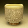 PETER SHEARER - BEAKER-YUNOMI, PORCELAIN, STAINED CRAWLING SLIP, TAN-YELLOW CELADON GLAZED RIM & INSIDE - 9cmH x 8cmD, 0.3kg - #PS202.....SOLD