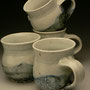 MARGARET SUMICH - MUGS, WHITE STONEWARE CLAY, WHITE & BLUE GLAZE, SODA & SALT FIRED IN WOOD KILN - 9cmH x 8cmD x 11cmW(WITH HANDLE), 0.3kg - #MS45A / B / C / D....ALL SOLD