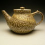 MARK HEWITT - TEA POT, STONEWARE, HACKSAW SCORED LINES, WHITE SLIP TRAILED, MUSTARD COLOURED GLAZE/SLIP, SALT GLAZED, BEAUTIFUL POURER, WOOD FIRED - 11cmH x 12cmD x 19cmW, 0.5kg - #MH2