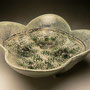 ALLISON McGOWAN, USA - LARGE SERVING BOWL, HANDBUILT-SLABS, PORCELAIN, BLUE-GREY GLAZE WITH TAN CRYSTAL PATTERNS, VARIOUS STAMPED - 12cmH x 32cmD, 1.9kg - #AG1R.....SOLD