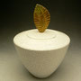 PETER COLLIS - BOX, WHITE WITH BLACK CRAZING & JULIE COLLIS CAST GLASS LEAF TOP - 19cmH x 14cmD, 0.8kg - #PC314 SOLD