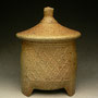 MICHAEL SIMON - LIDDED 3 SIDED JAR, STONEWARE, TEXTURE PADDLED PATTERN, TAN-BROWN COLOUR, SALT GLAZED - 17cmH x 13cmD, 0.9kg - #MS4