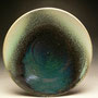 SOLD...MICHAEL SIMON - PLATE, STONEWARE, BACKGROUND SQUIGGLY LINE PATTERN, GREEN GLAZE GOING FROM PALE GREEN TO DARK GREEN & BLACK, SALT GLAZED - 4.5cmH x 27cmD, 1.1kg - #MS2